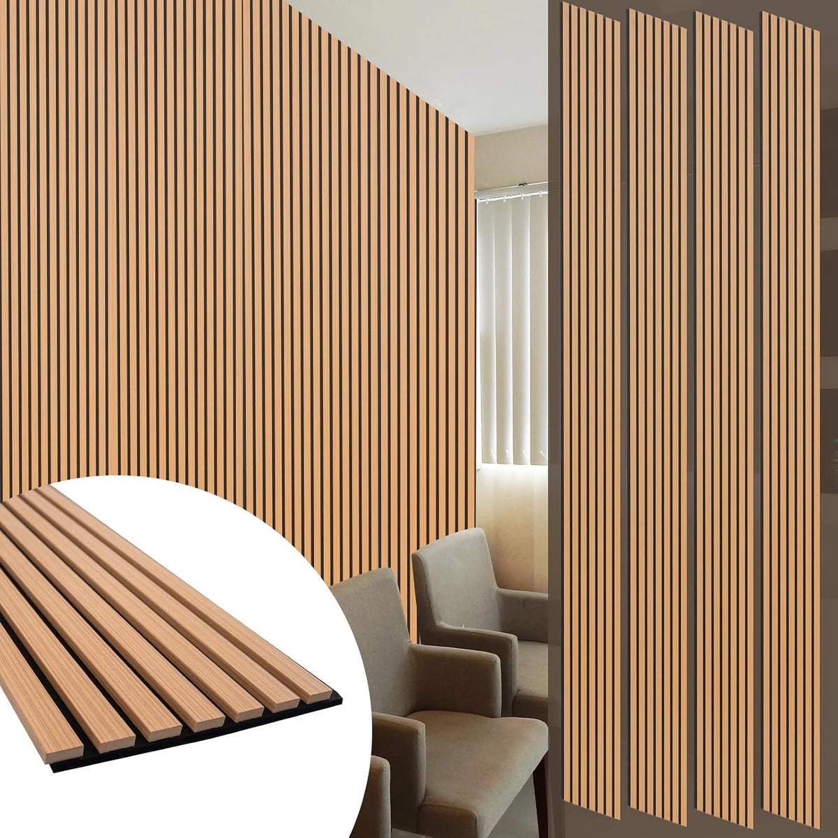 Yuzzy Wood Panels for Wall - 9 Feet Teak Wood Slat Acoustic Panels 4 PCS - Mo...