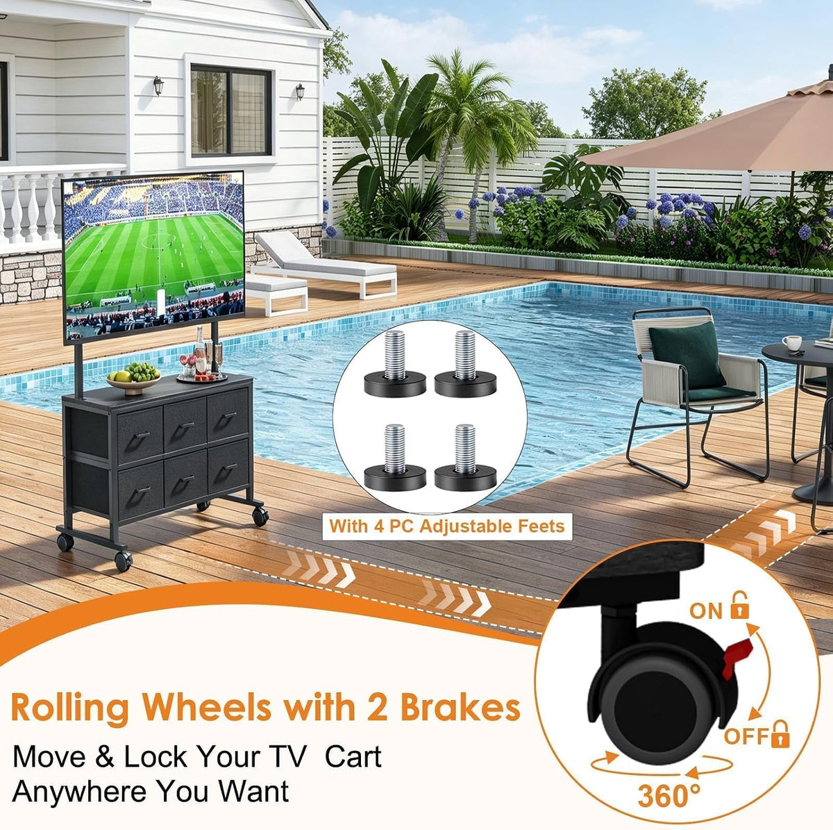 Portable Mobile TV Cart Rolling TV Stand with 6 Drawers for 23-72 in TV