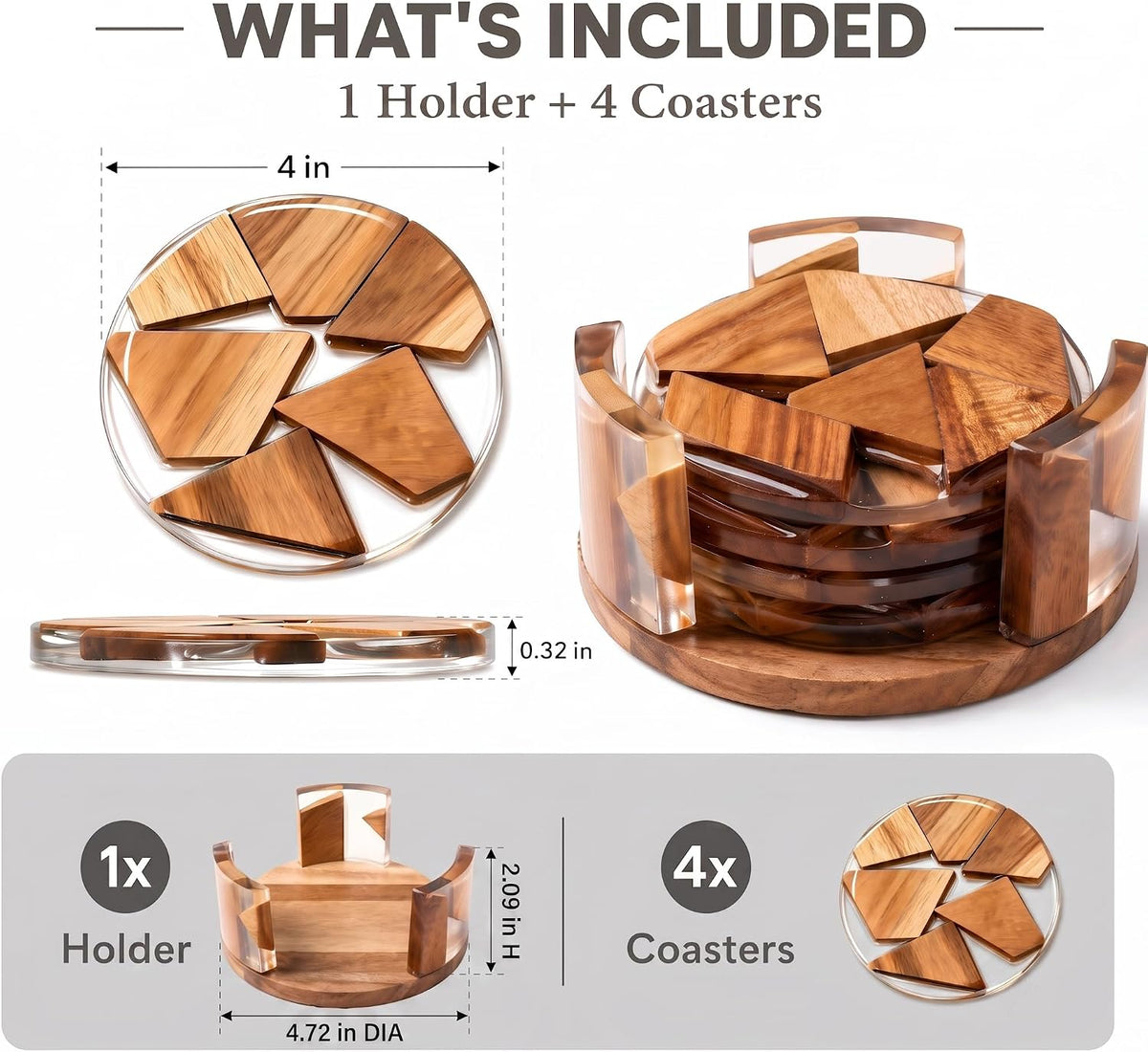 Decorative Acacia Wood Resin Coasters 4 Pack with Holder 4 Inch