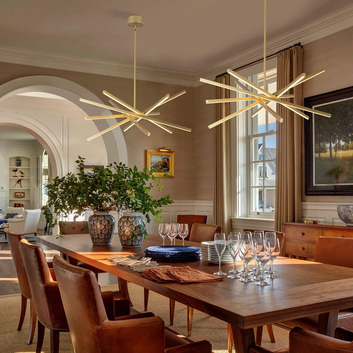 Modern LED Gold Chandelier Over Table, 3000K 4500K 6000K Dimmable