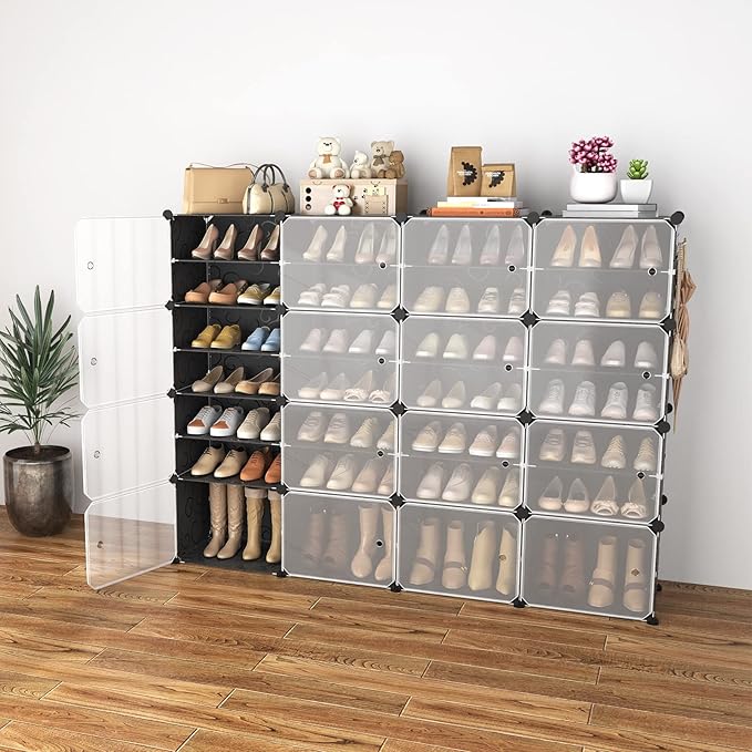 Portable Shoe Rack with Door, 64 Pairs Cabinet Easy Assembly, Plastic