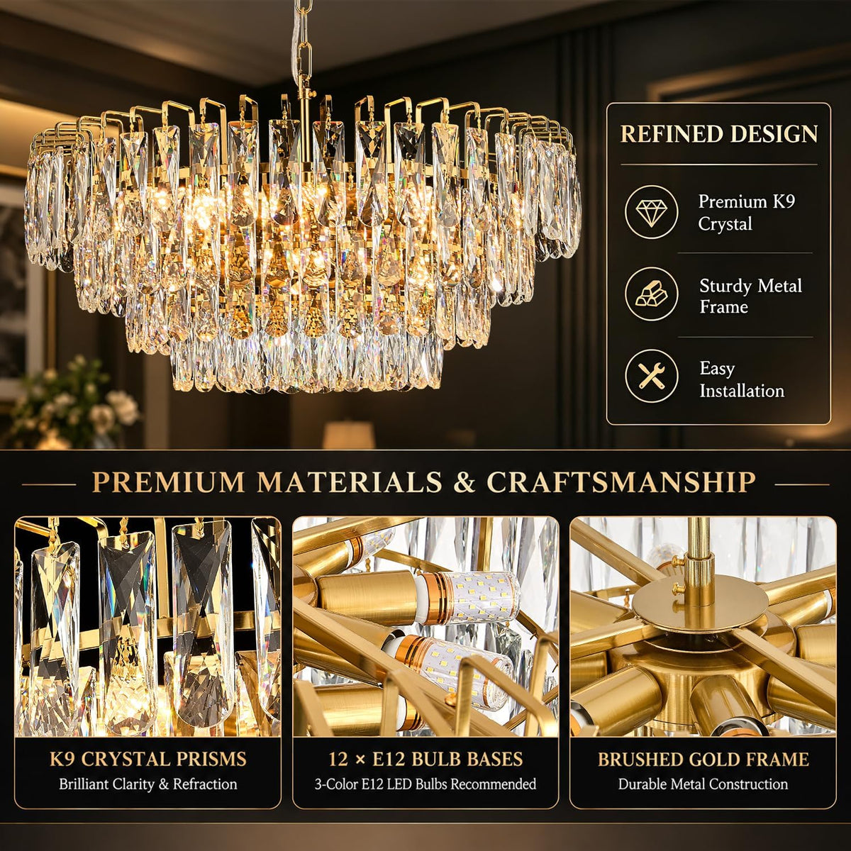 Gold Round Crystal Chandelier, 20 Inch 8-Light Raindrop Pendant Light