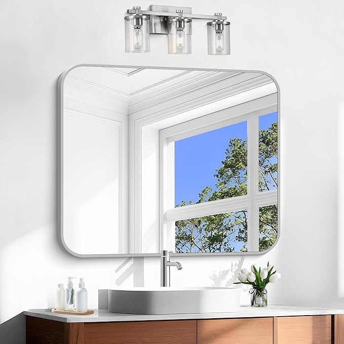 Silver Bathroom Mirror, 30 x 36 Inch Metal Framed Silver Rectangle Mirror