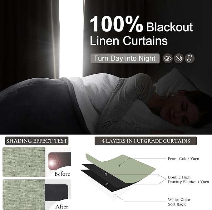 Sage Green Blackout Linen Curtains 108 Inches Long