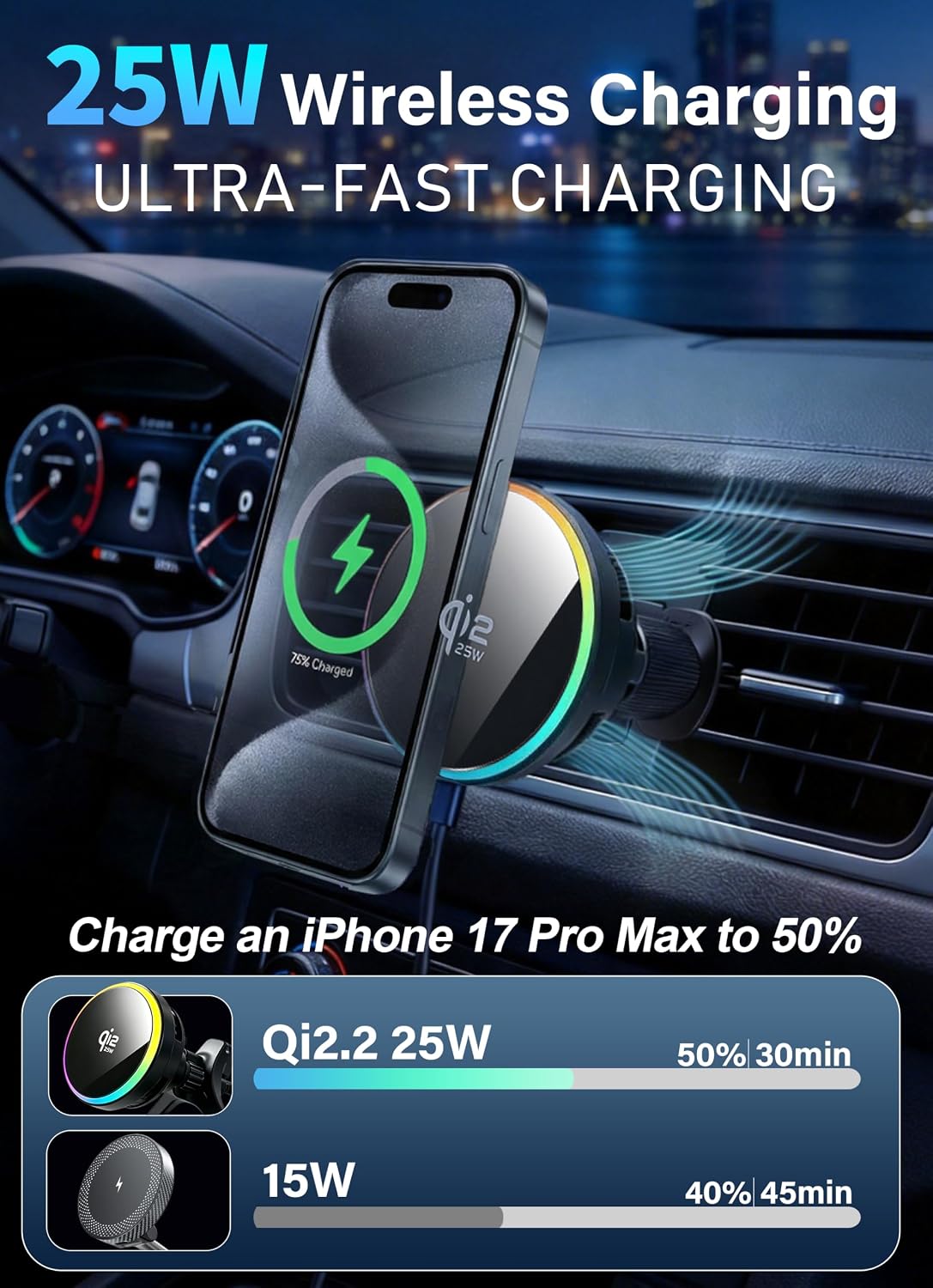 Qi2.2 25w Wireless Charging Car Mount with 63W Adapter & 2 Vent hook clamps