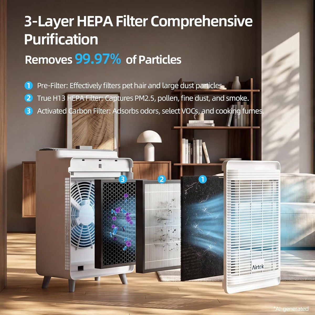 AIRTOK Pet Air Purifier for Home Large Room Up to 2240 Ft² in 1 Hr, AP2801