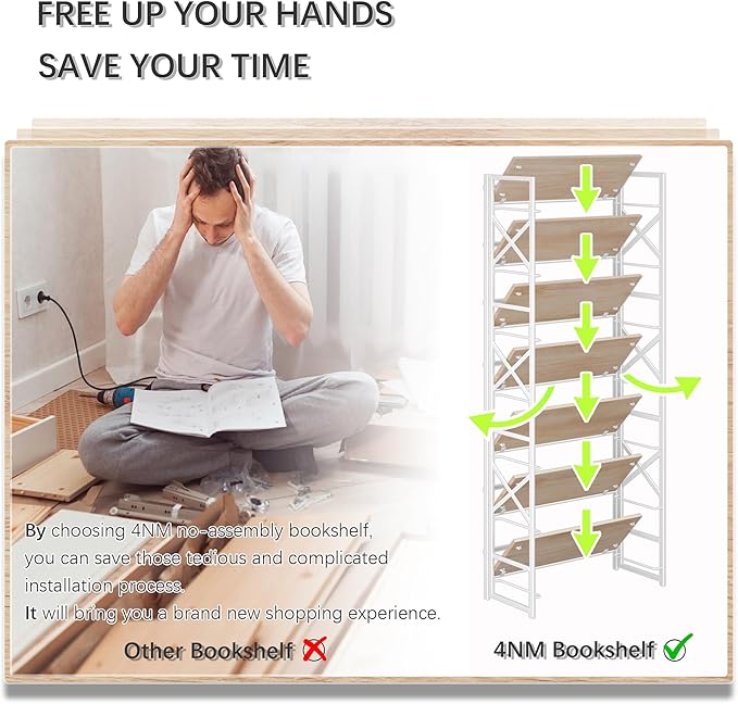 4NM 7 Tiers No Assembly Book Shelves, 72.4" H Folding Bookshelf Bookcase...