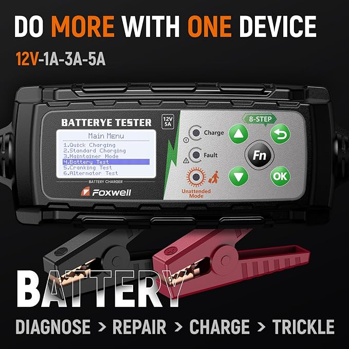 FOXWELL BC521 5A 12V Battery Charger & Tester, 4-in-1 Battery Maintainer