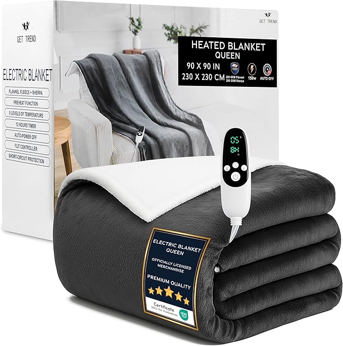 Heated Blanket Electric Luxurious Fleece Queen Blanket, 9 Heat Settings &...
