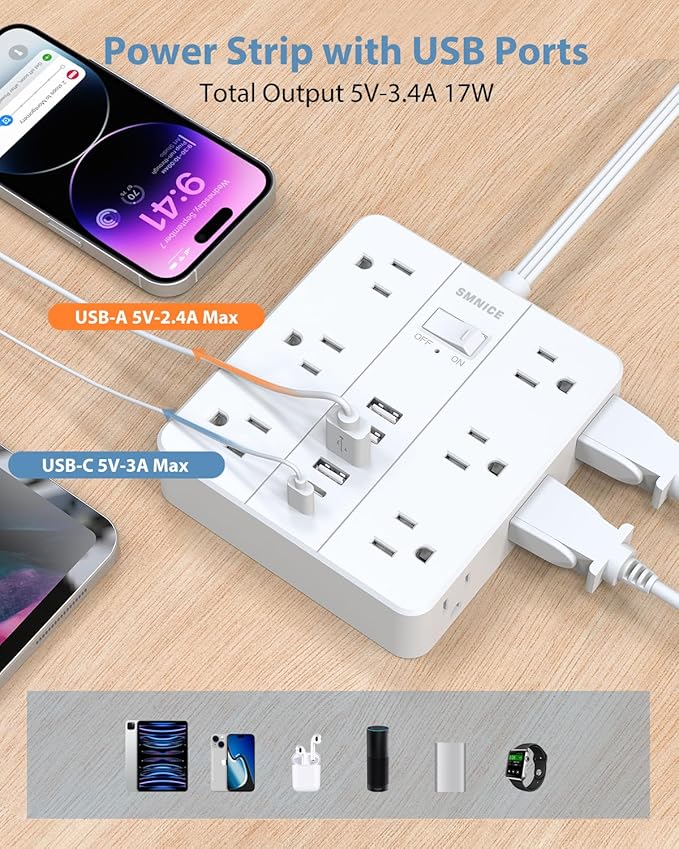 Power Strip Surge Protector 20ft Extension Cord, SMNICE Flat Plug