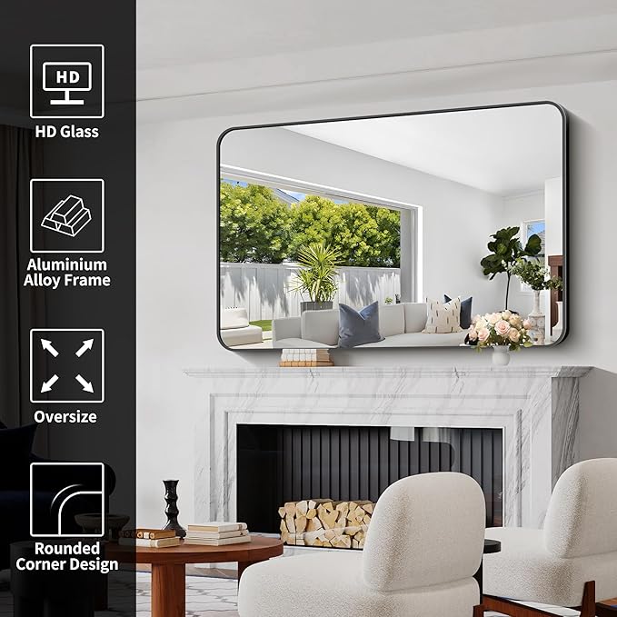 Bathroom Mirror, 55 x 36 inch Black Rectangle Wall Mirror, Metal Frame Rounded