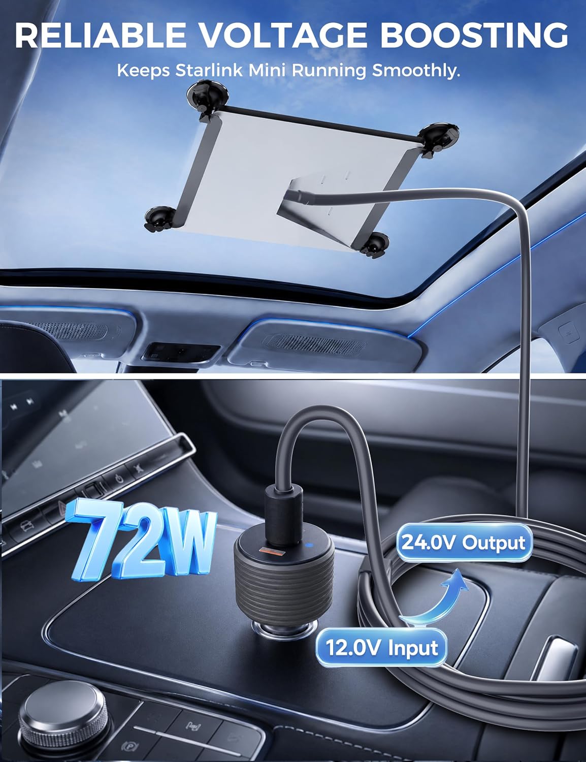 72W Max Stable Voltage Boost Starlink Mini Car Adapter, 3-in-1 Car Charger