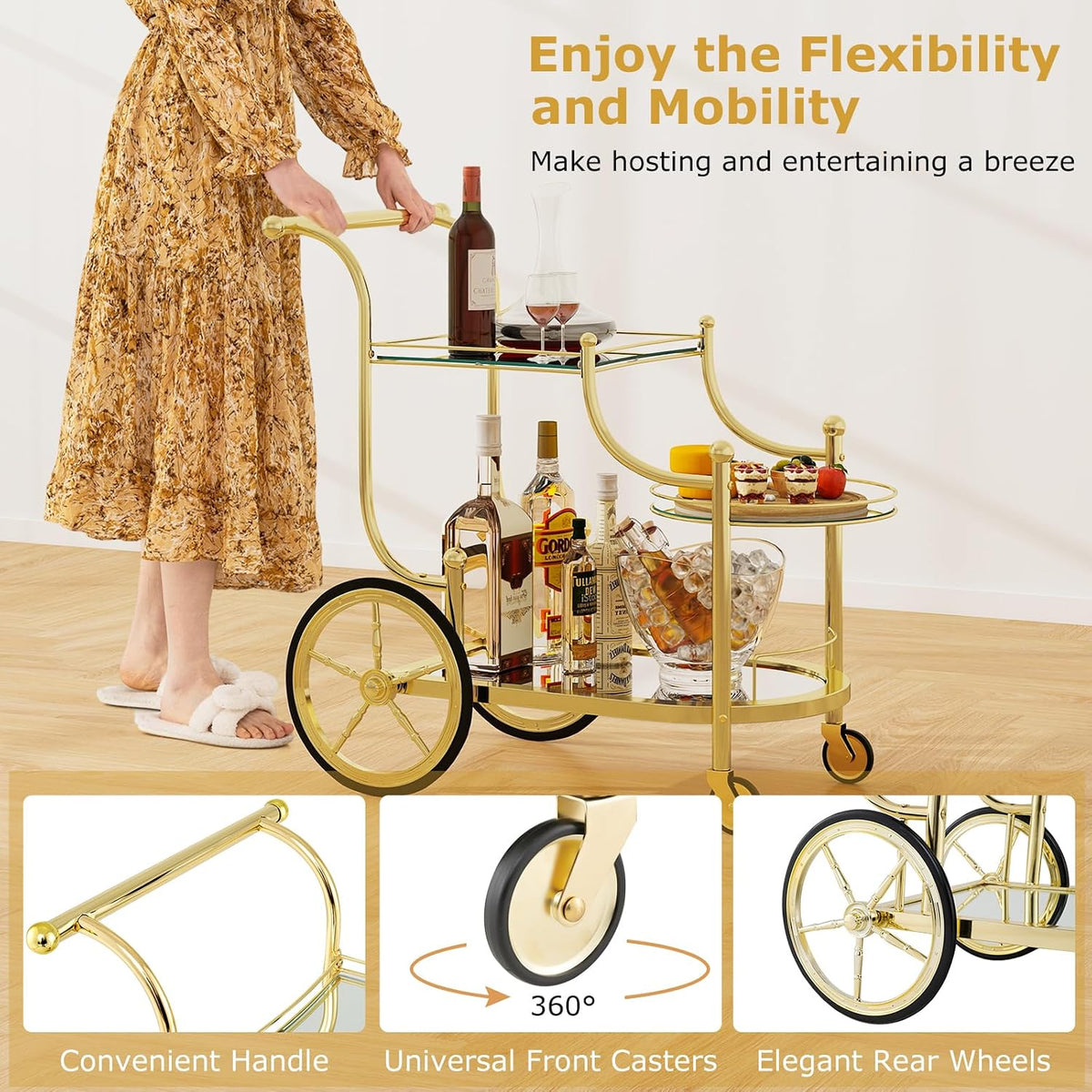 Tangkula Bar Cart, 3-Tier Rolling Home Bar Serving Cart with Mirrored Shelves...