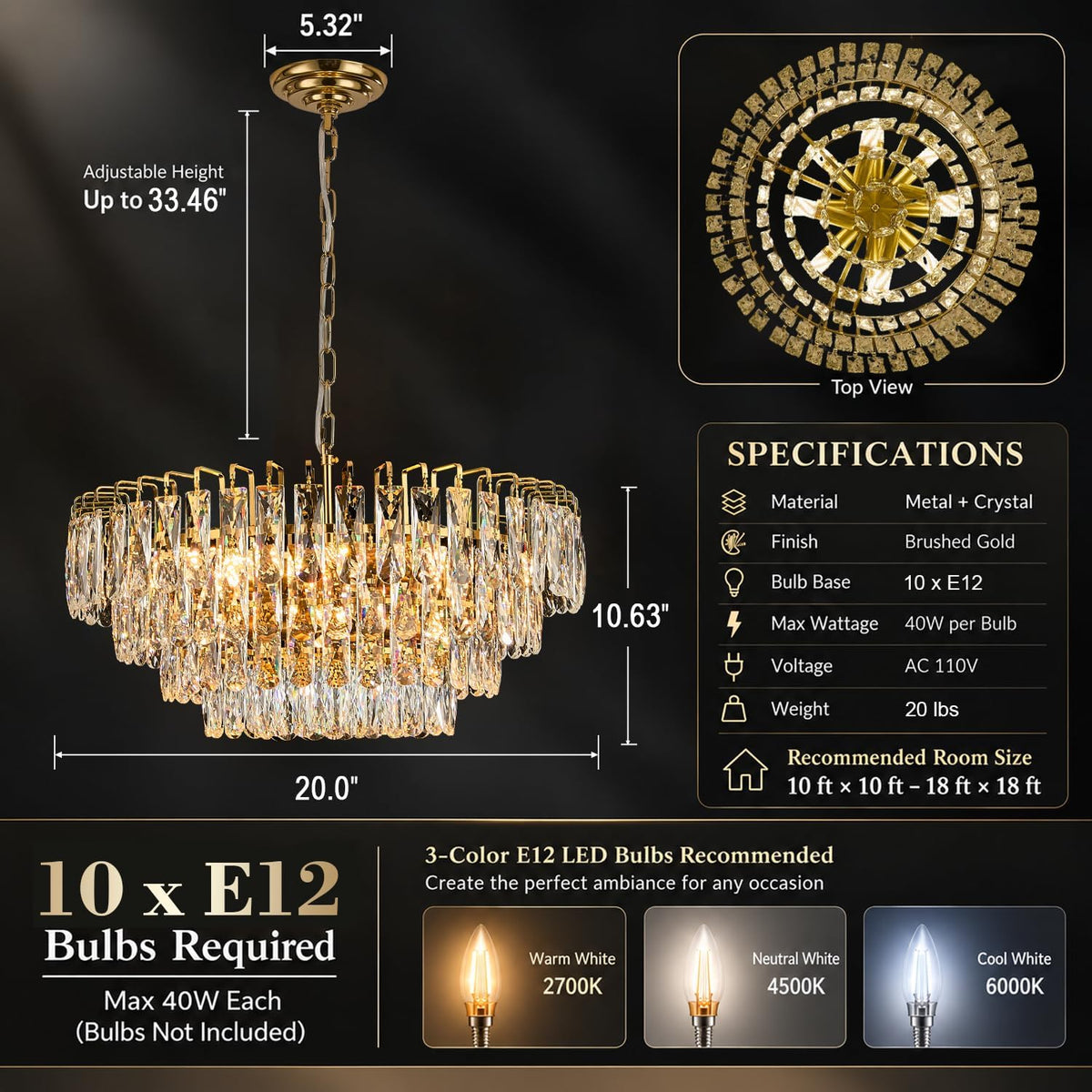 Gold Round Crystal Chandelier, 20 Inch 8-Light Raindrop Pendant Light