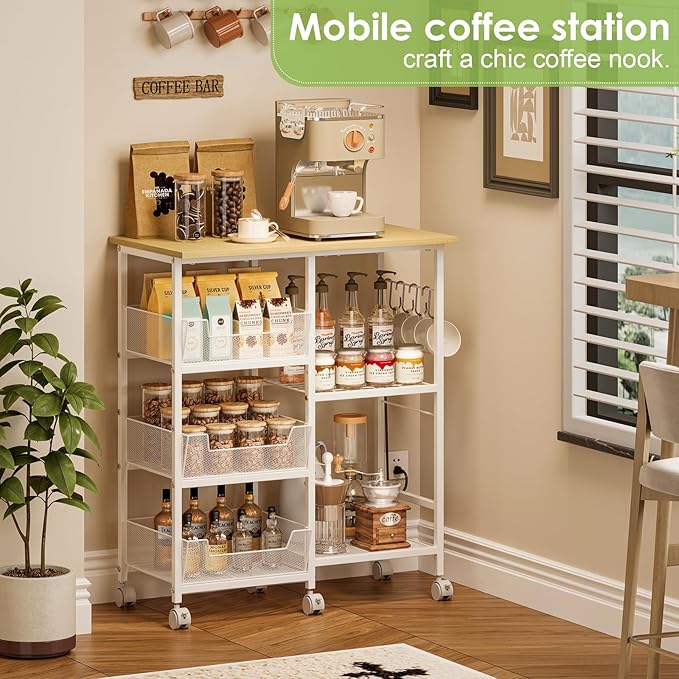 Rolling Kitchen Storage Microwave Cart & Kitchen Island on Wheels, Adjust...