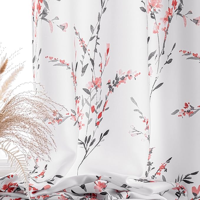 MYSKY HOME Kitchen Curtains 45 inch Length Floral Curtains Thermal Insulated