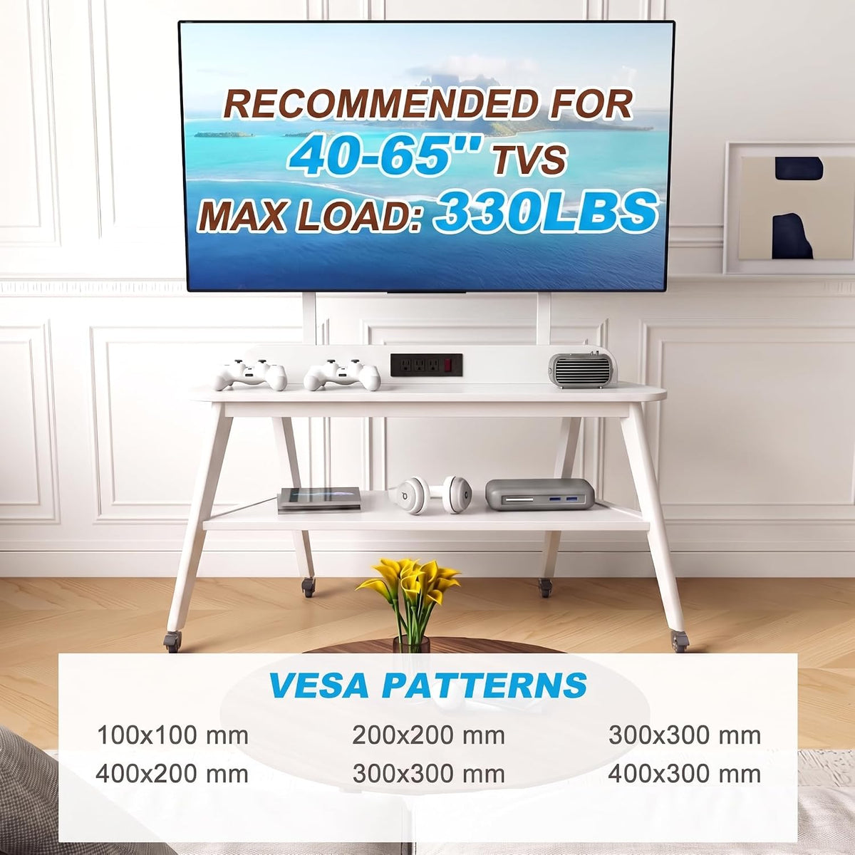 Solid Wood Rolling TV Stand with Power Outlet, Mobile TV Stand