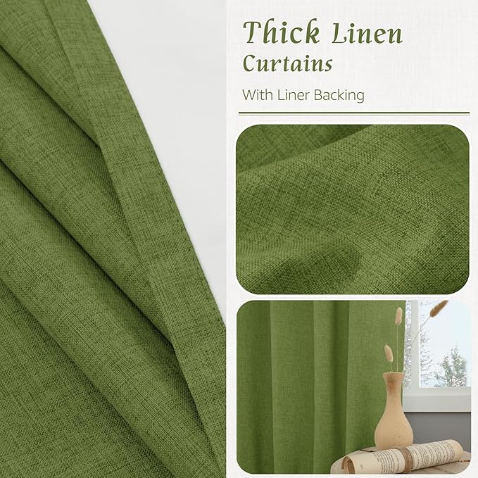 LAMIT Olive Green 100% Blackout Linen Curtains, 84 Inch Linen Textured Living