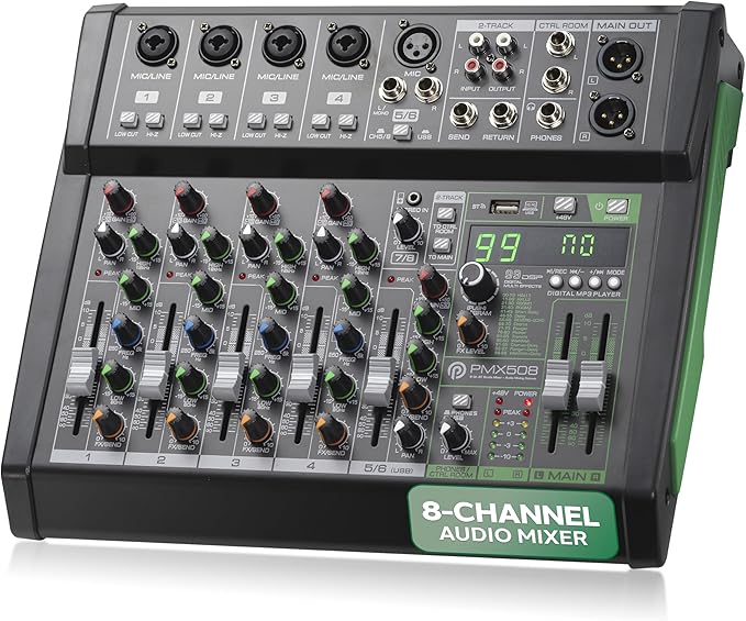 Pyle 8-Channel Audio Mixer, USB Interface, MP3 Compatible, XLR Inputs and LED
