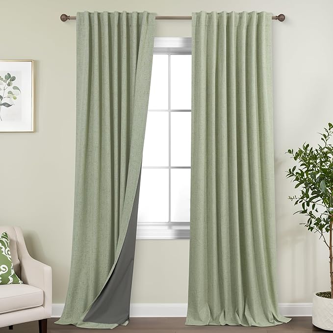 KOUFALL Extra Long 108 Inch Curtains Linen Blackout, Sage Green Thermal Heat