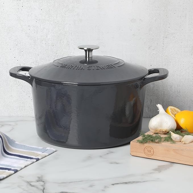 Martha Stewart Gatwick 7 QT Enamel Cast Iron Dutch Oven – Gray, Durable