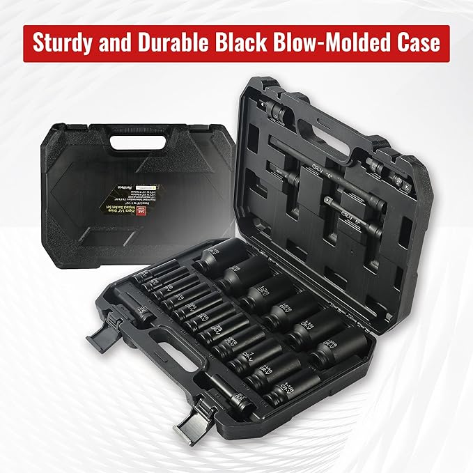 25-Piece 1/2" Drive Socket Set, Deep Sockets, Extension Bars, 1/2" ...