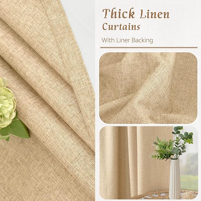 LAMIT Natural 100% Blackout Linen Curtains, 45 Inches Linen Textured Thermal