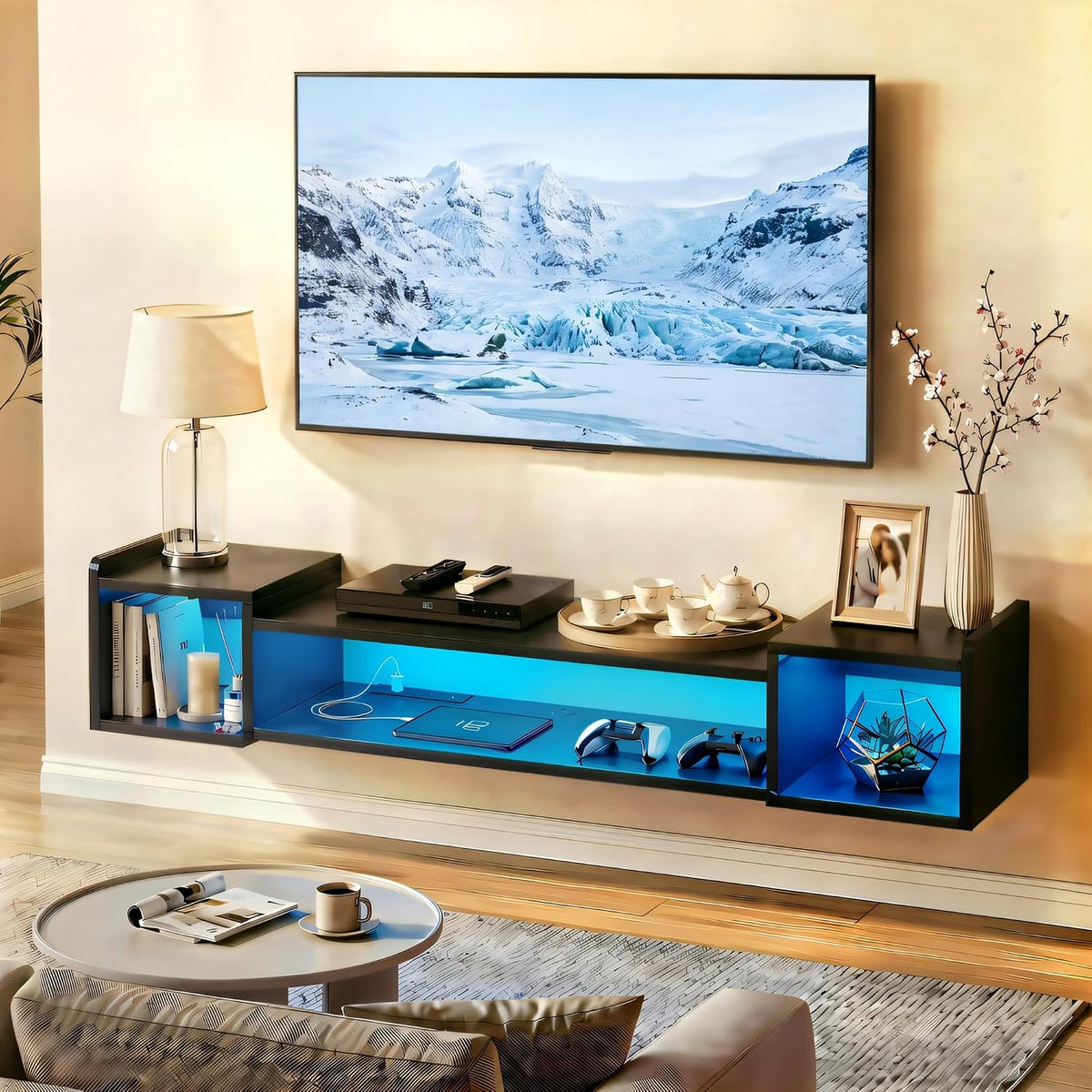 55.1" W Floating TV Stand with LED,Power Strip for 50/55/60/65" TV ...