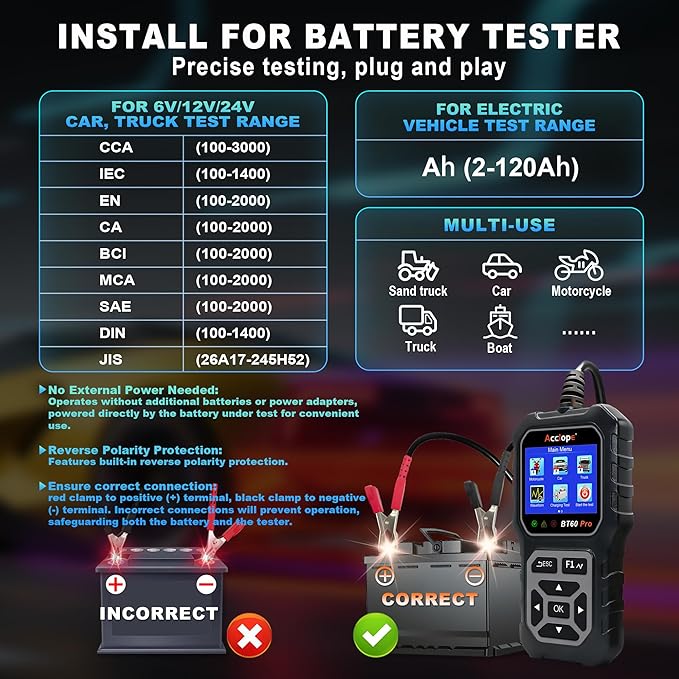 Acclope BT60 Pro Car Battery Tester, Digital Analyzer