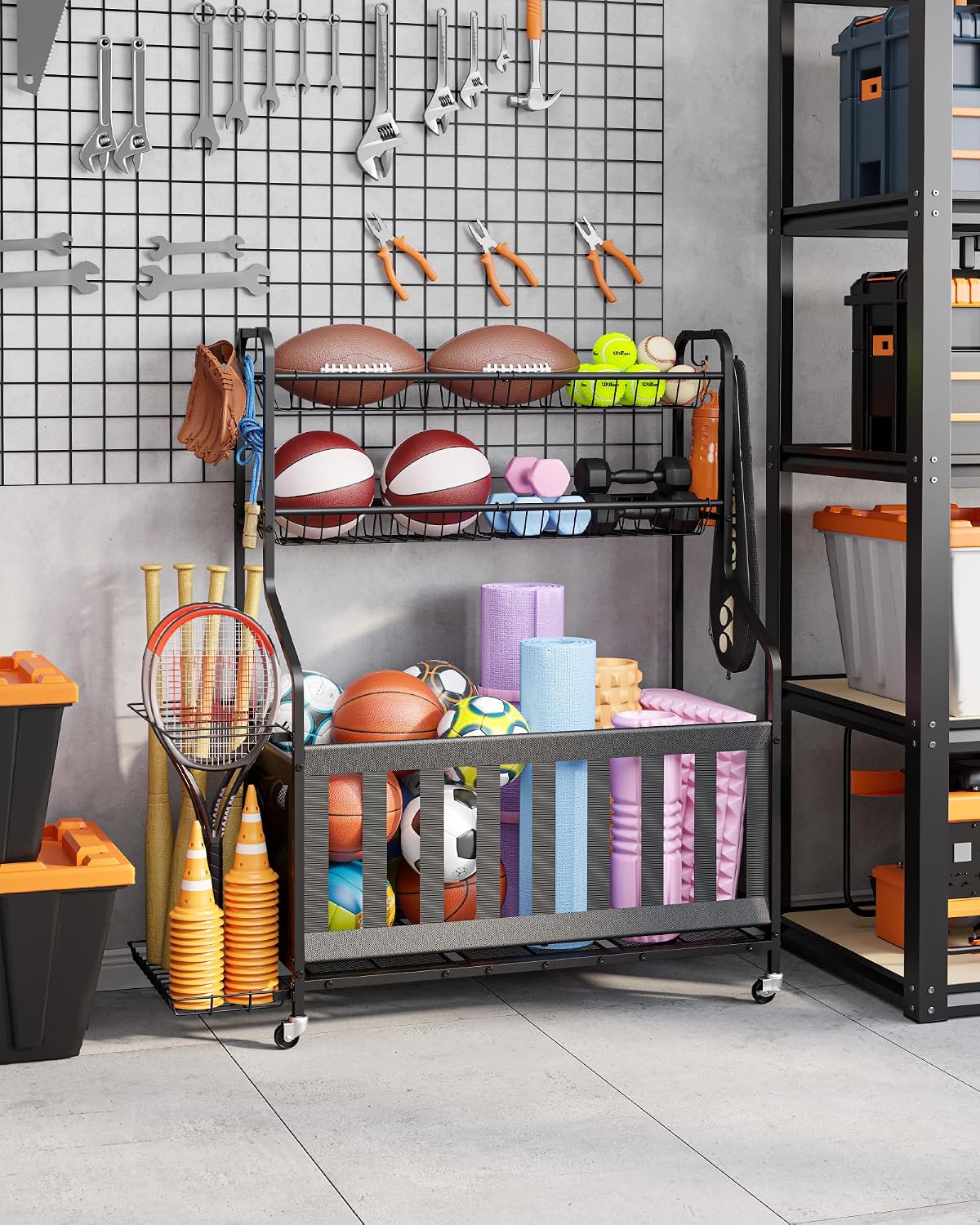Kitsure Sports Equipment Organizer with Wheels, Garage Ball Storage, 45.6"H