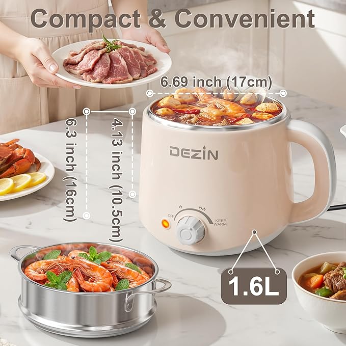 Dezin Hot Pot Electric with Steamer, Rapid Noodles Cooker, Stainless Steel