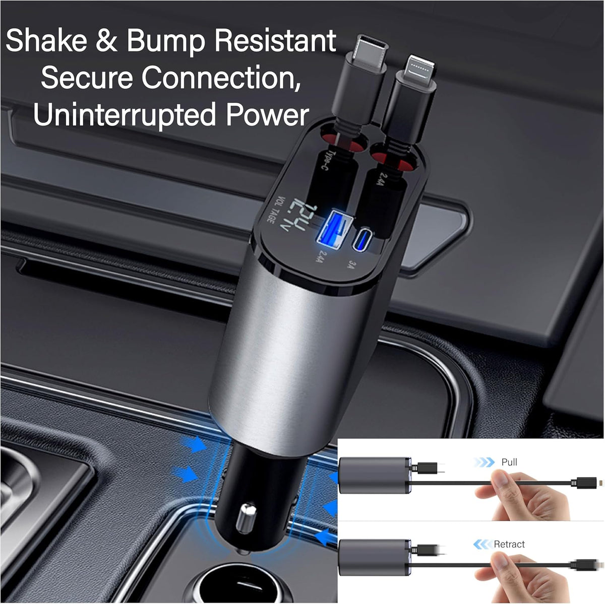 159W GaN 5-in-1 Retractable Car Charger, Dual Cig Lighter, 180° Adjust
