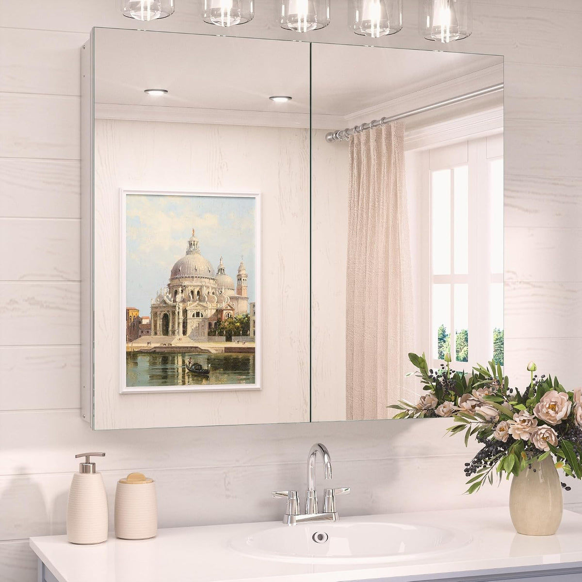 TokeShimi 30 x 26 Silver Aluminum Medicine Cabinet Mirror for Bathroom Surfac...