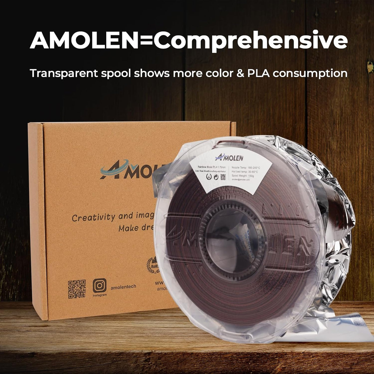 AMOLEN Wood PLA 3D Printer Filament 1.75mm Dark Wood Rainbow 1KG