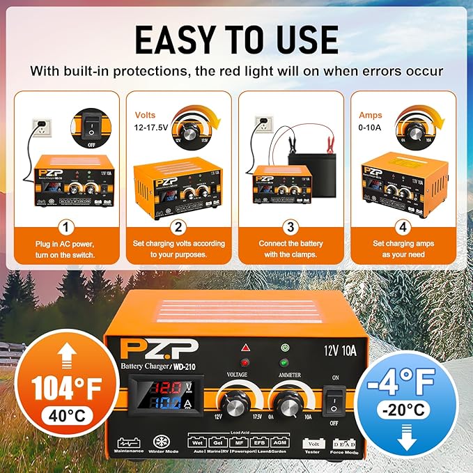 PZP 12V Manual Battery Charger Maintainer, 0 to 10A Arbitrarily Adjustable Car