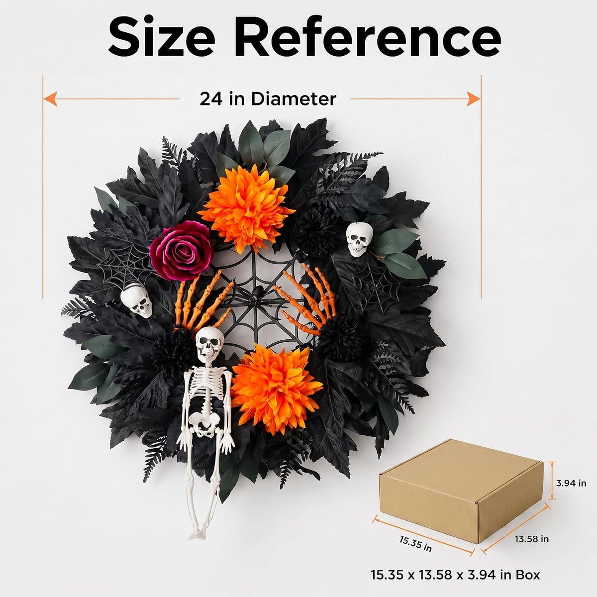 24in Halloween Wreath for Front Door, Black Pumpkin Skull Gothic Door Decor