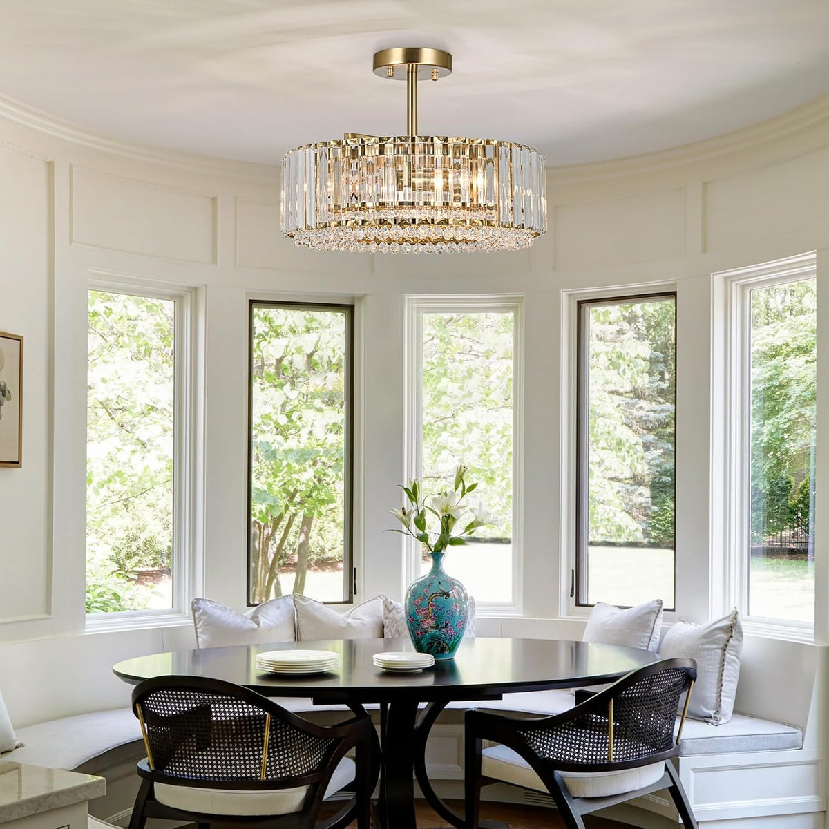 Lingkai 15.8“ Modern Crystal Chandelier Gold Round Semi Flush Mount Ceiling L...