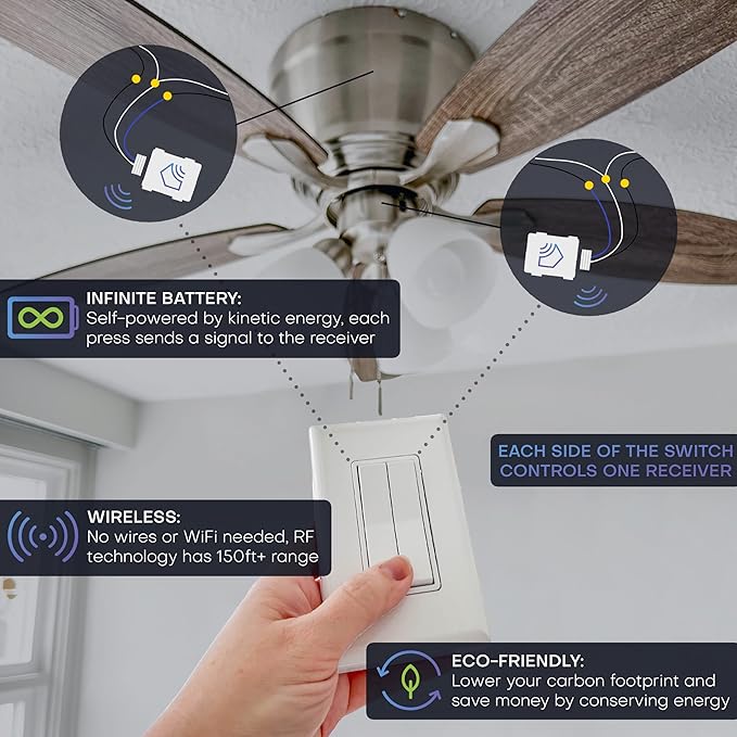 RunLessWire 3-Way Fan & Light Battery-Free DIY Kinetic Wireless Light Swi...