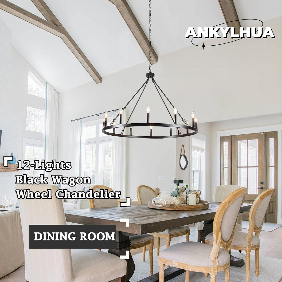 Wagon Wheel Chandelier 12 Light 38" Farmhouse Chandelier for Dining Room
