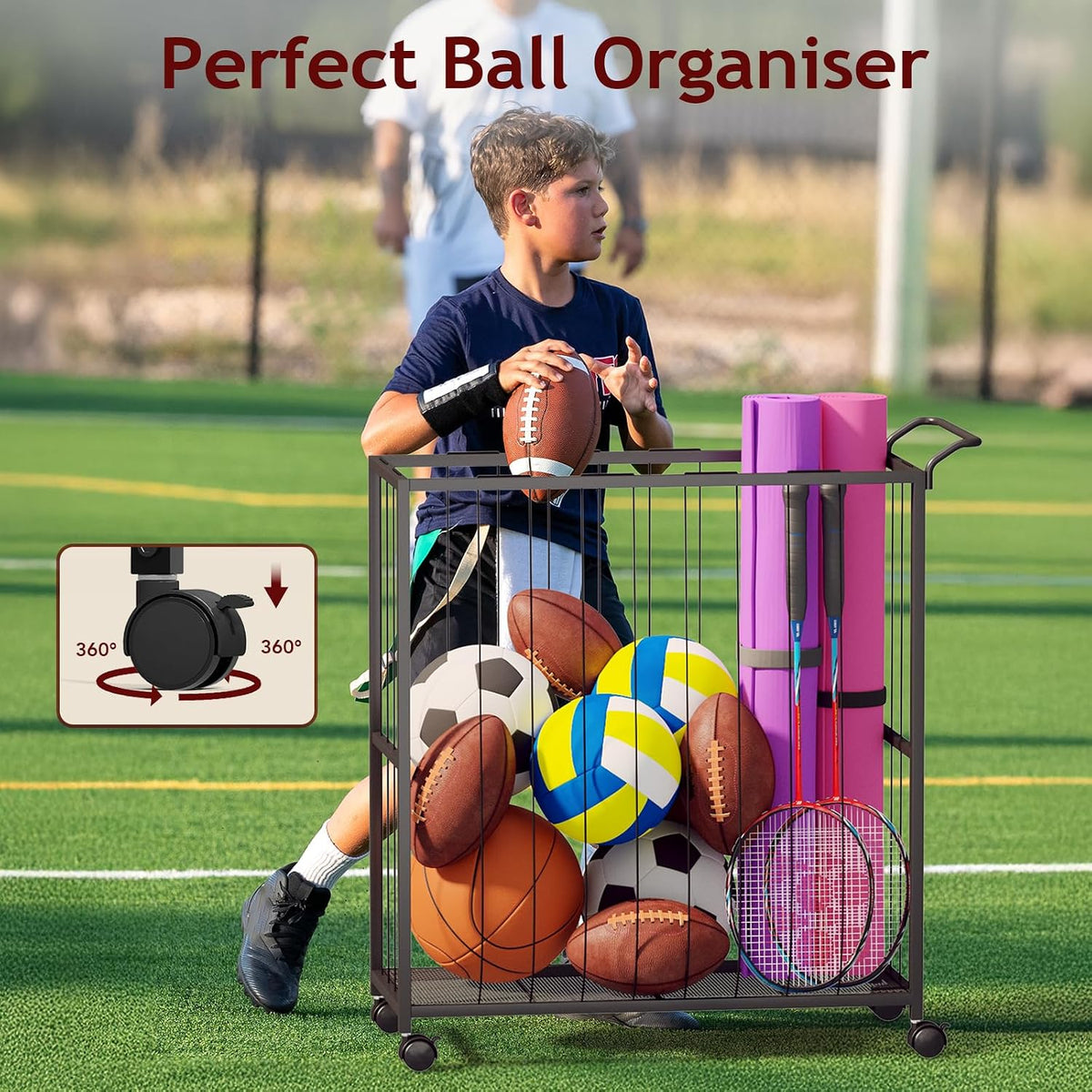 Ball Storage Bin Rolling Sports Ball Cart, Black