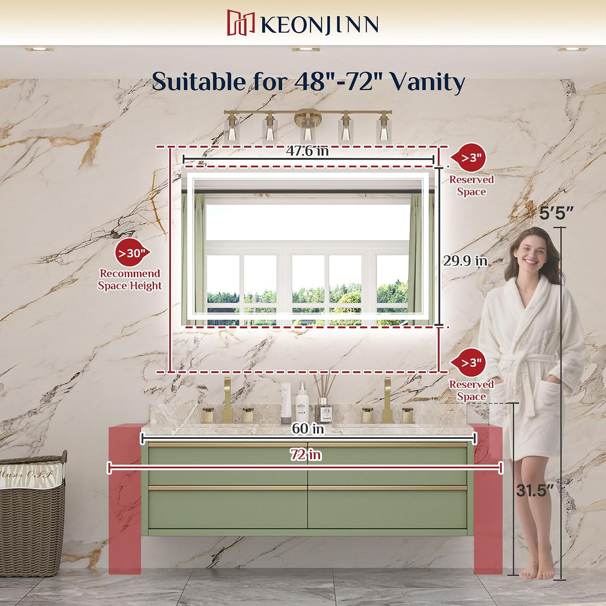 Keonjinn 48" x 30" LED Mirror for Bathroom, Front & Backlit, Te...