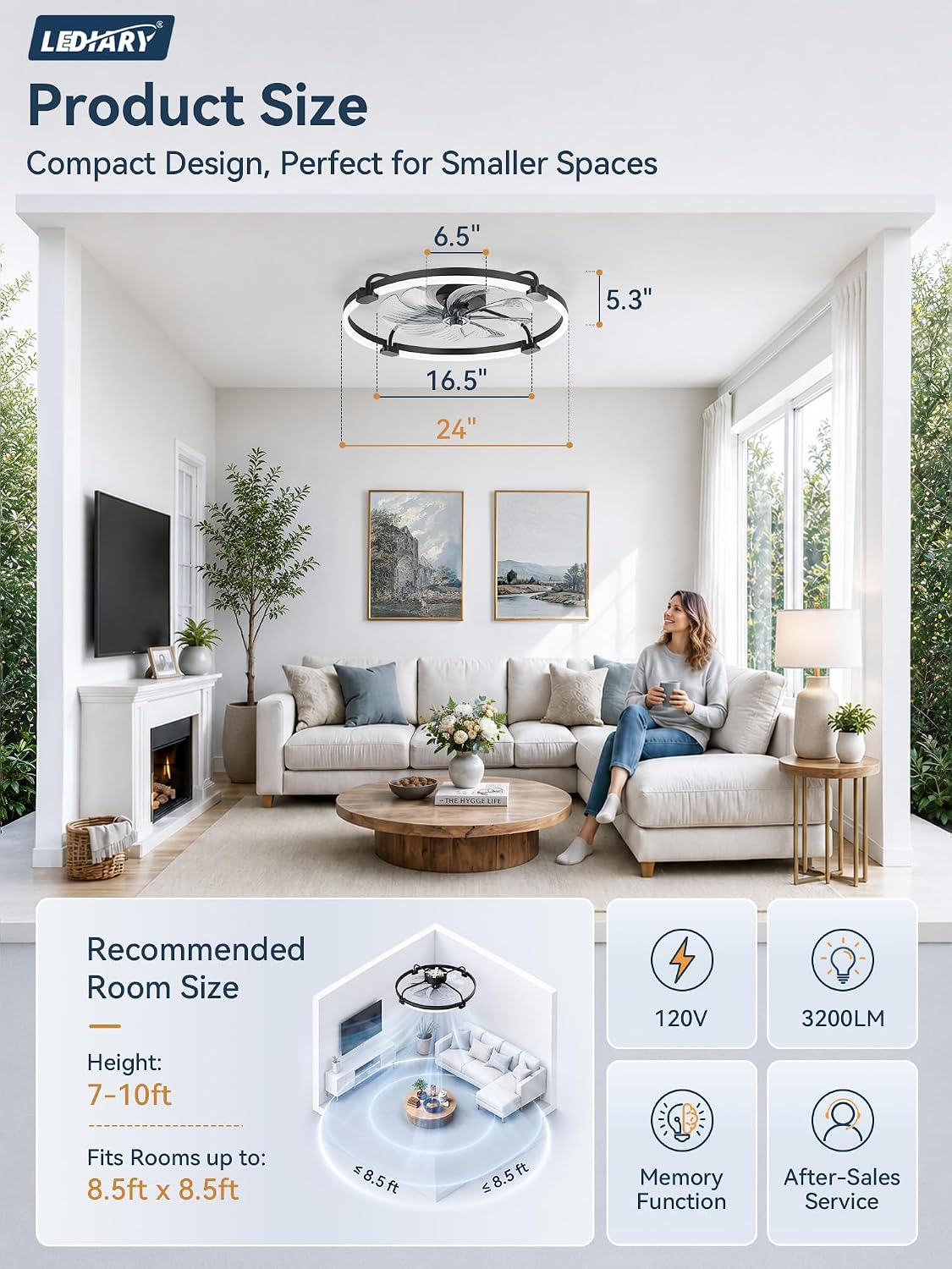 LEDIARY 24" Low Profile Ceiling Fans with Lights, Remote/APP Control, Black