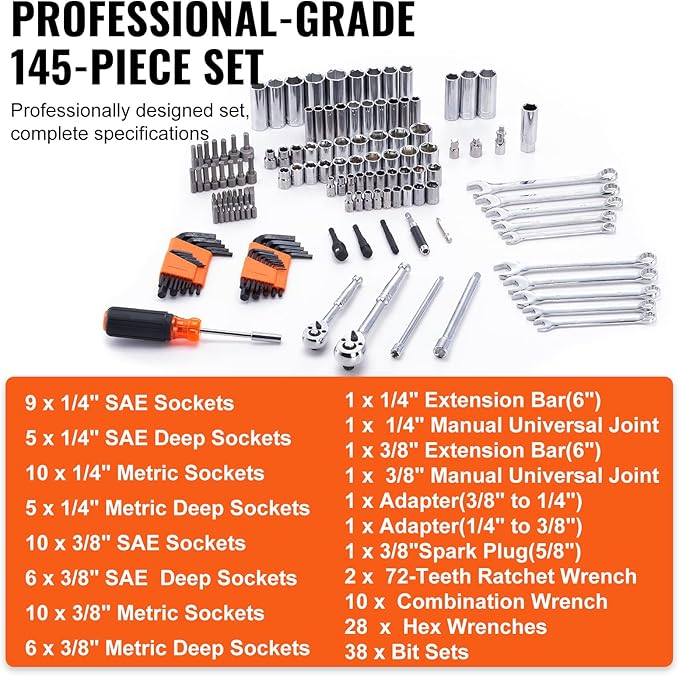 VEVOR Mechanics Tool Set and Socket Set, 1/4" and 3/8" Drive Deep a...