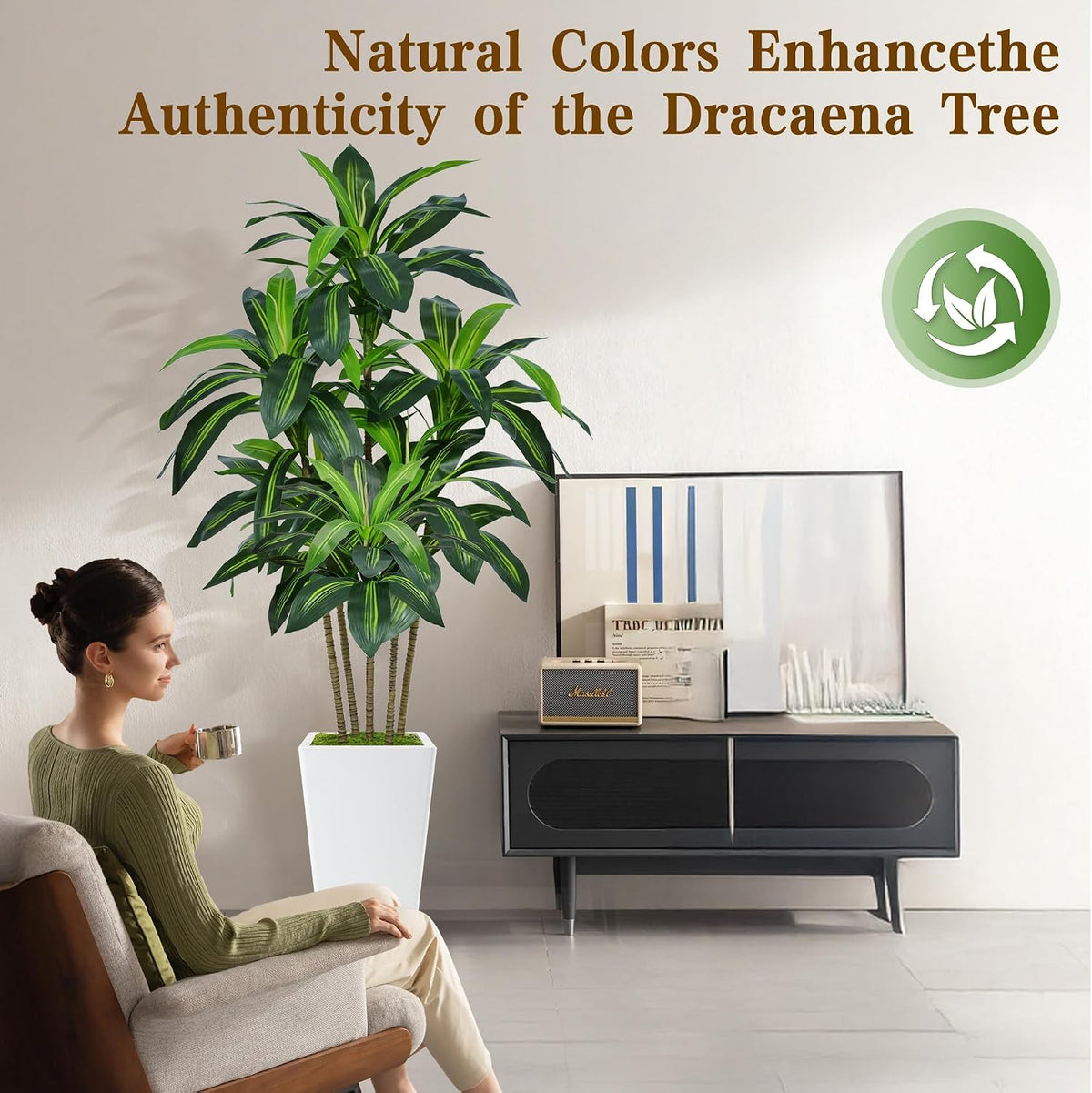 Flydeer 6FT Artificial Dracaena Tree with Tall White Planter, Floor Plant