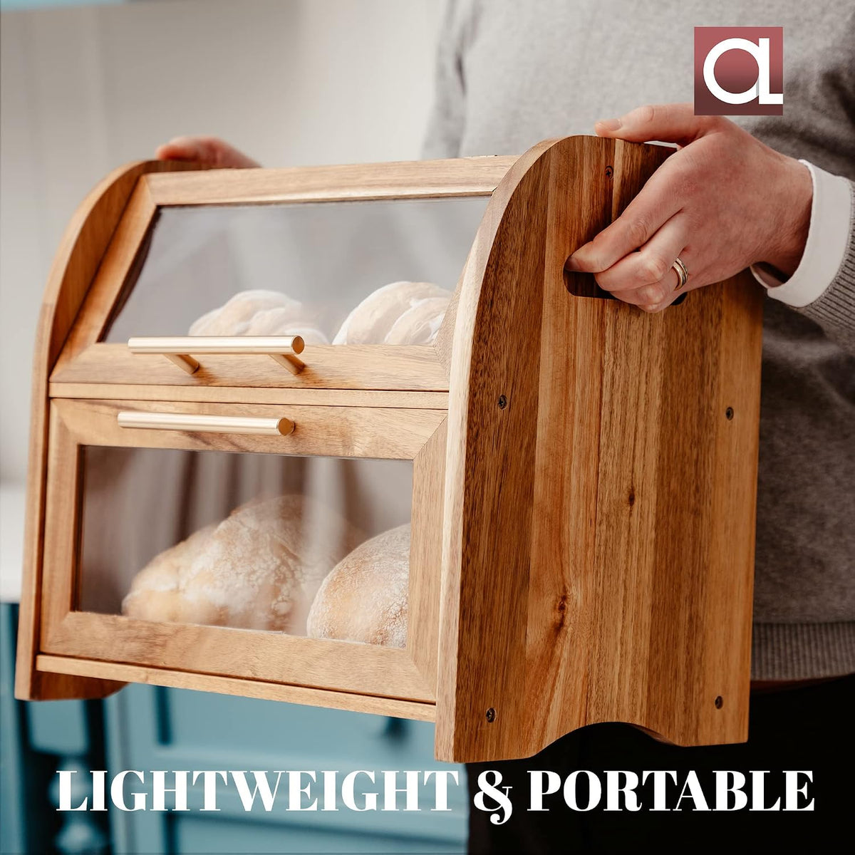 Arise Acacia Wooden Bread Box for Kitchen Countertop, Extra Large 2-Shelf