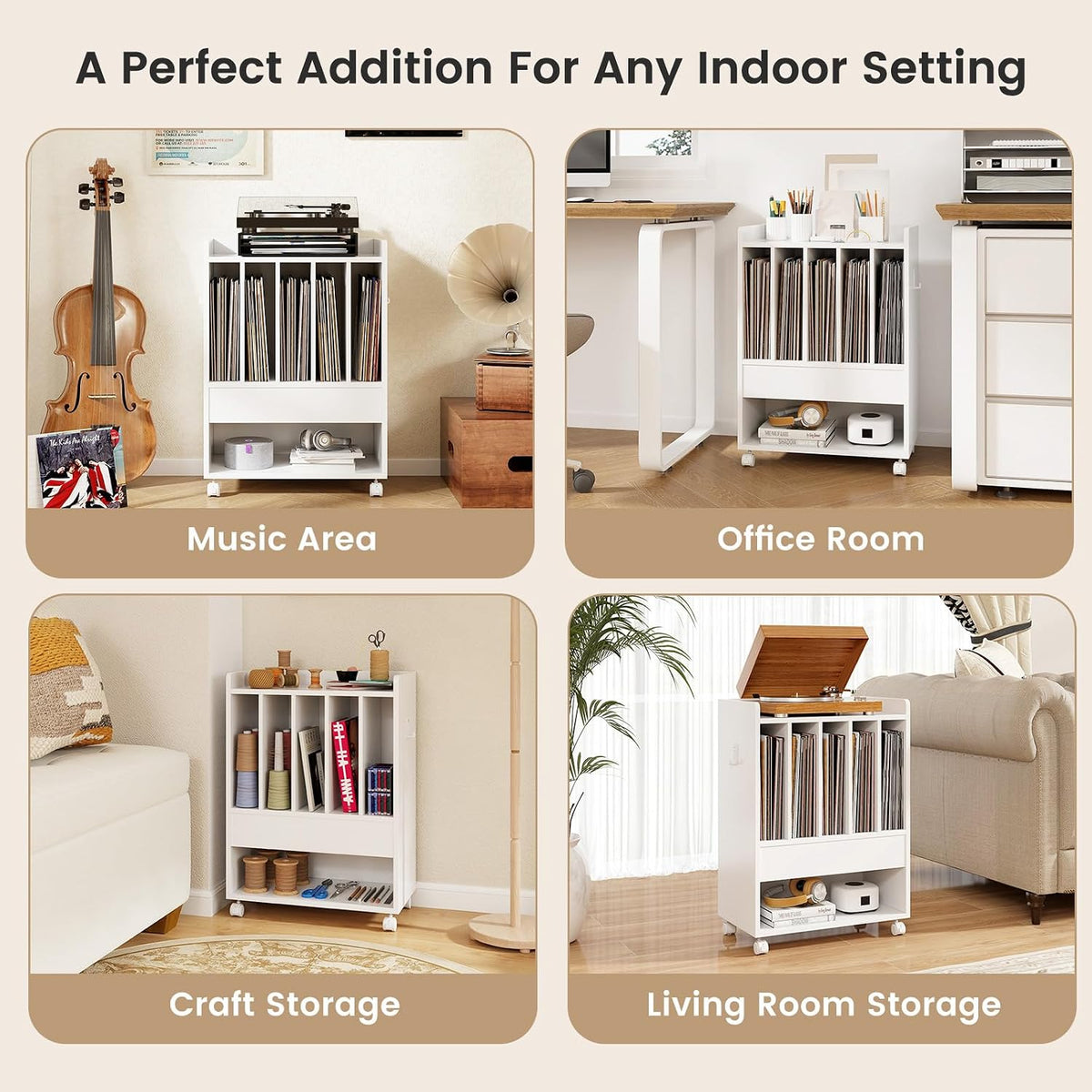 Rolling Record Player Stand with 4 Wheel, 5 Compartments, White