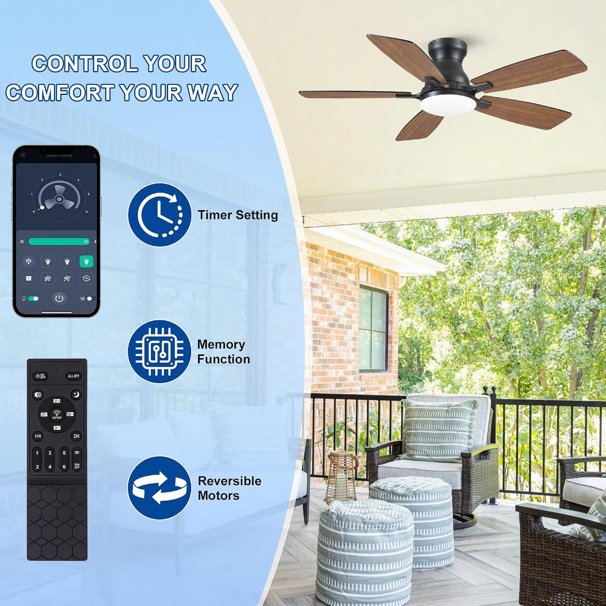 NKPU 42 Inch Low Profile Ceiling Fans with Lights, Brown
