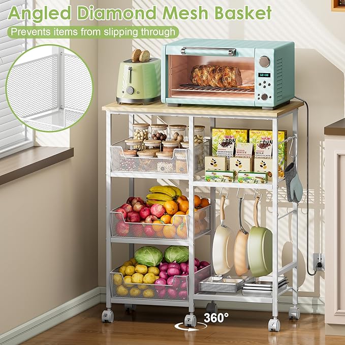 Rolling Kitchen Storage Microwave Cart & Kitchen Island on Wheels, Adjust...