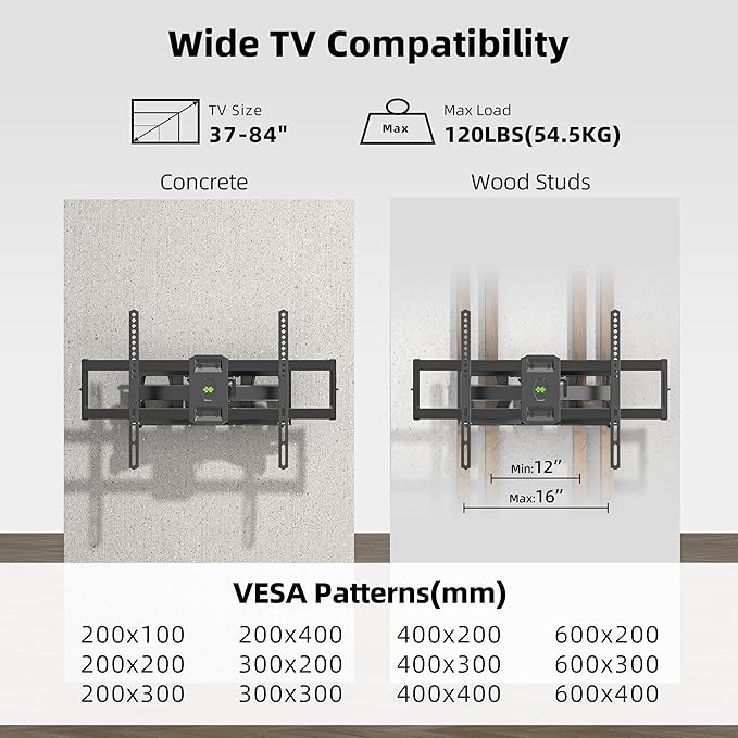 Full Motion TV Wall Mount for Most 37"-84" Flat Screen TV, Swivel o...