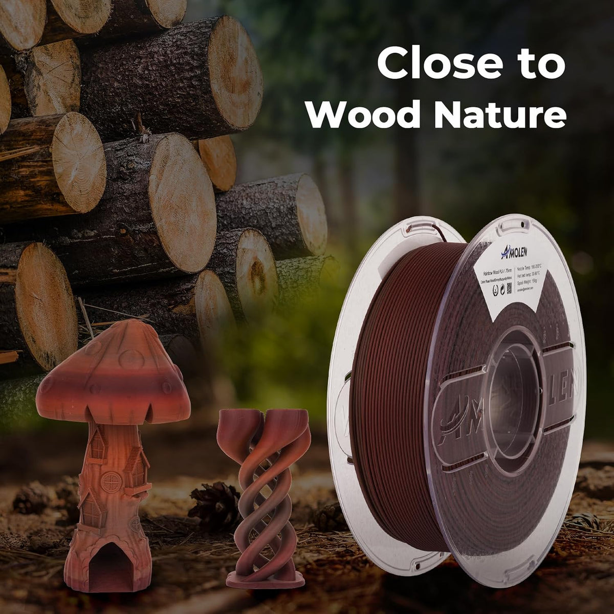AMOLEN Wood PLA 3D Printer Filament 1.75mm Dark Wood Rainbow 1KG